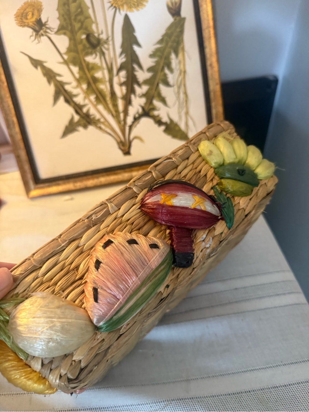 Vintage Cottagecore Handwoven Cookware Basket Duo with Pastel Floral Mushrooms - Picture 2 of 9